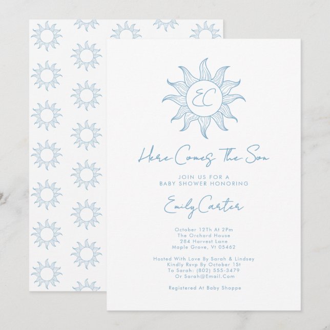 Here Comes The Son Boy Sunshine Baby Shower Blue Invitation (Front/Back)