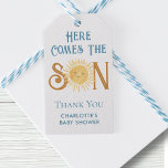 Here Comes The Son Boy's Baby Shower Gift Tags<br><div class="desc">This cute boy's baby shower gift tag features the text "Here Comes The Son" in blue retro typography with a smiling yellow watercolor sun. Easily customizable. Because we create our artwork you won't find this exact image from other designers. Original Watercolor © Michele Davies.</div>