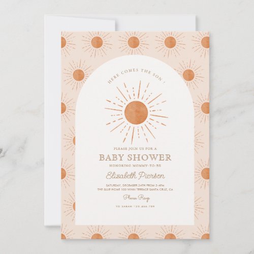 Here comes the son Burnt Orange Sun Baby Shower Invitation