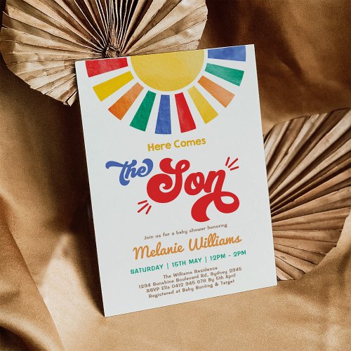Here Comes the Son Colorful Sun Boy Baby Shower Invitation