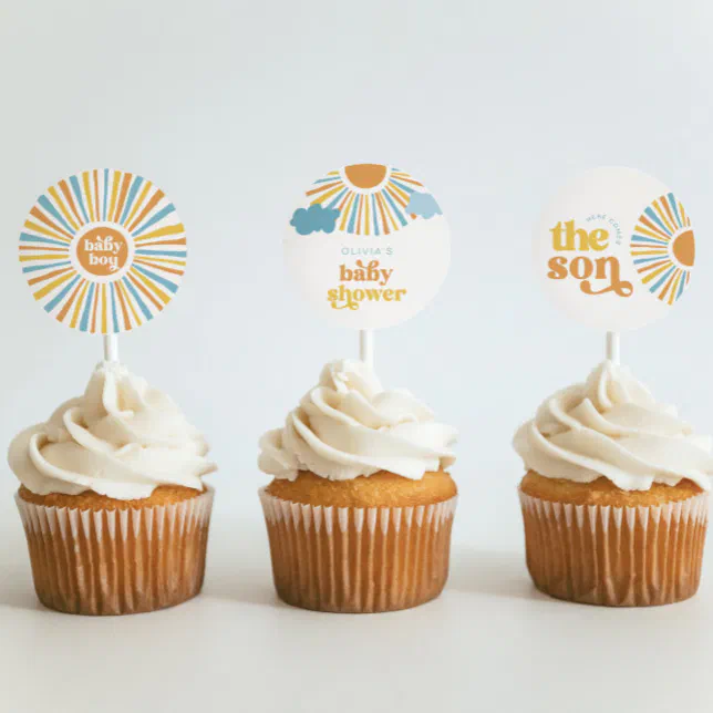 24 Cupcake-Topper 'Here Comes The Son' Für Baby-Shower Im Boho-Style - Sonne & Regenbogen