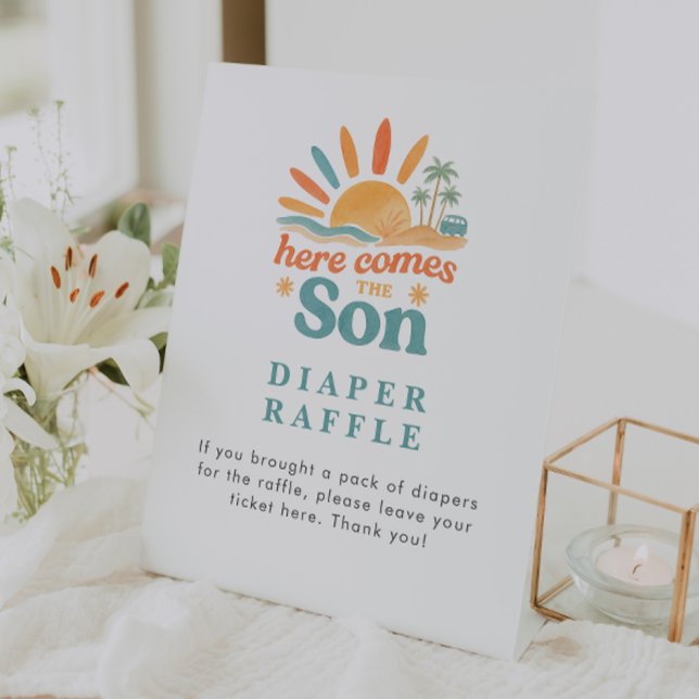 Here Comes The Son Diaper Raffle Baby Shower Table Pedestal Sign (Creator Uploaded)