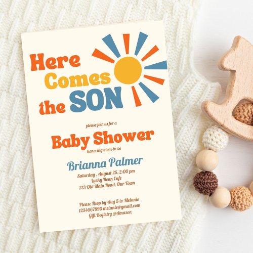 Here comes the son groovy retro baby shower invitation