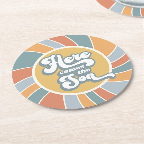 Here Comes The Son Groovy Retro Sun Baby Shower Round Paper Coaster