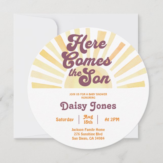 Here Comes the Son Groovy Summer 70s Baby Shower Invitation (Front)