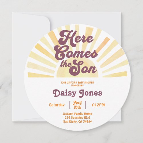 Here Comes the Son Groovy Summer 70s Baby Shower Invitation
