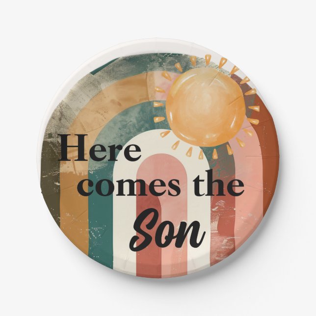 Here Comes the Son Masculine Rainbow Baby Shower Paper Plates (Front)
