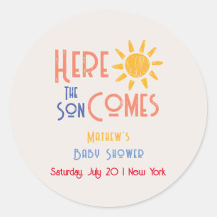 Here Comes The Son Minimal Retro Sun Baby Shower Classic Round Sticker