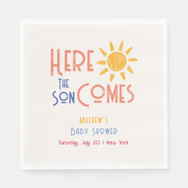 Here Comes The Son Minimal Retro Sun Baby Shower  Napkins (Front)