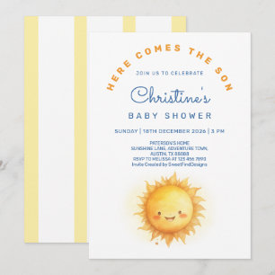 Here comes the son Modern Baby Boy Shower Invitation
