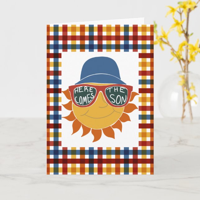 Here Comes the Son Plaid Baby Boy Shower Card (Yellow Flower)