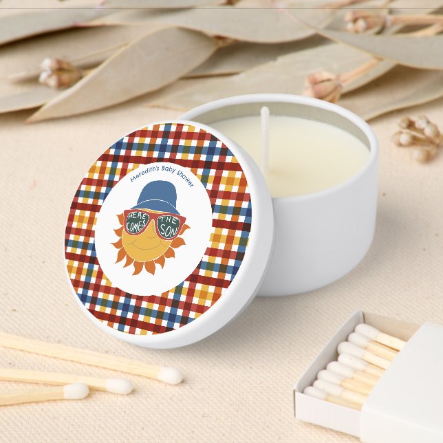 Here Comes the Son Plaid Baby Boy Shower Mini Candle Favors (Insitu)