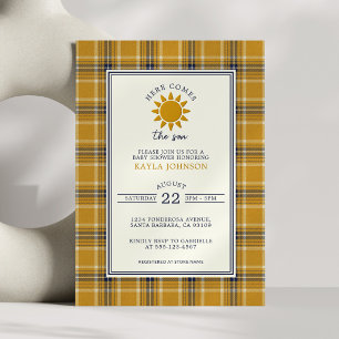 Here Comes the Son Preppy Plaid Yellow Blue Tartan Invitation