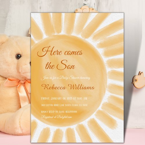 Here Comes the Son Ray Yellow Sunshine Baby Shower Invitation