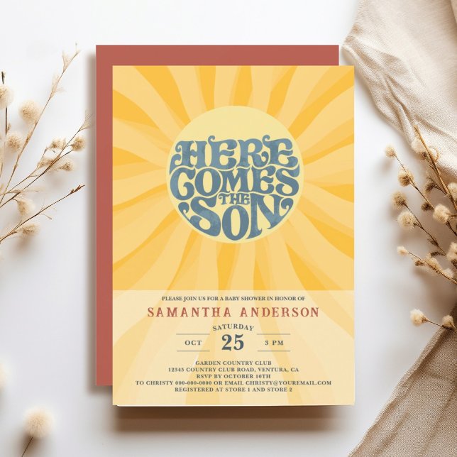 Here Comes the Son Retro Baby Shower Invitation (Here Comes the Son retro baby shower invitation features fun sun shape typography with rays.)