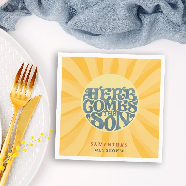 Here Comes the Son Retro Baby Shower Napkins (Here comes the son baby shower napkin with a sun with rays in the background with retro typography.)