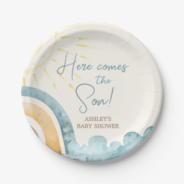Here Comes The Son Retro Baby Shower Paper Plates (Front)