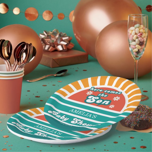 Here Comes the Son Retro Baby Shower Party Paper Plates (Multi)
