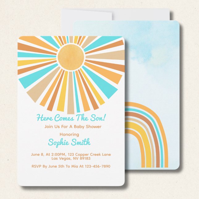 Here Comes The Son, Retro Boho Rainbow Invitation (Creator Uploaded)