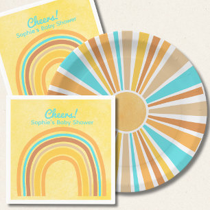Here Comes The Son, Retro Boho Rainbow Round Paper Plates