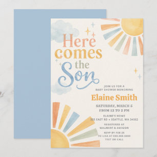 Here comes the son retro boy baby shower invitation