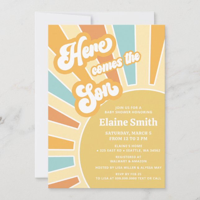 Here comes the son retro boy baby shower invitation (Front)