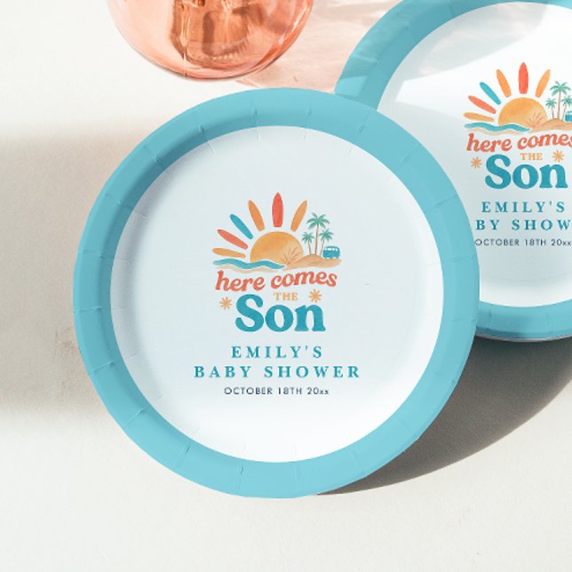 Here Comes The Son Retro Boy Baby Shower Paper Plates (Creator Uploaded)