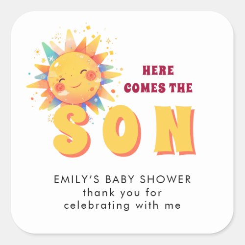 Here Comes The Son Retro Boy Baby Shower Square Sticker