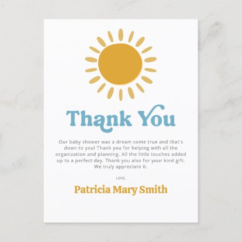 Here comes the son retro boy baby shower Thank You Postcard