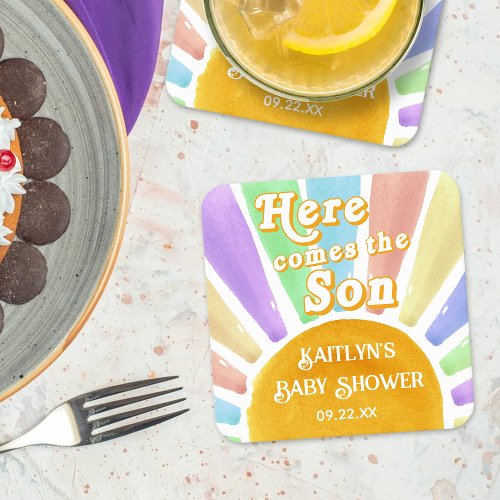 Here Comes The Son Retro Boys Baby Shower Square Paper Coaster