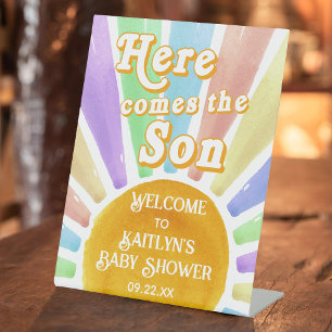 Here Comes The Son Retro Boys Baby Shower Welcome Pedestal Sign