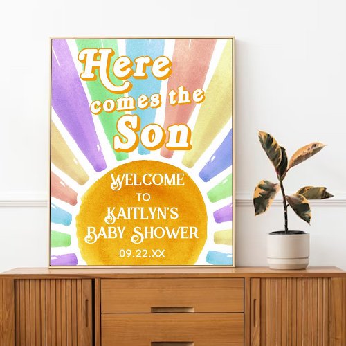Here Comes The Son Retro Boys Baby Shower Welcome Poster