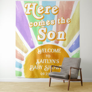 Here Comes The Son Retro Boys Baby Shower Welcome Tapestry
