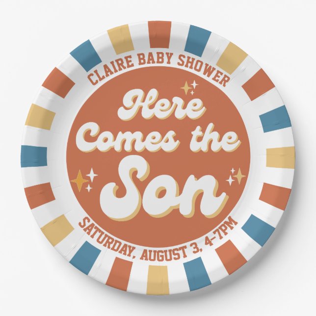 Here Comes the Son Retro Groovy Baby Shower Birth Paper Plates (Front)