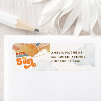 Here Comes The Son Retro Script Boy Baby Shower Label