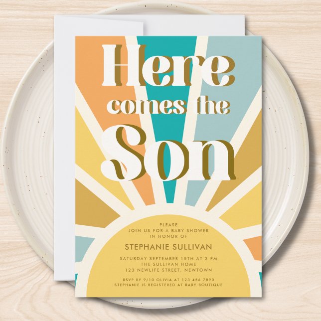 Here Comes the Son Retro Sun Baby Shower Invitation (Creator Uploaded)
