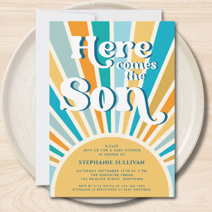 Here Comes the Son Retro Sun Baby Shower Invitation