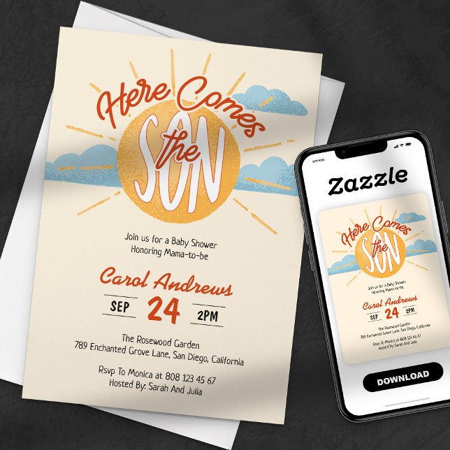 Here Comes the Son Retro Sunshine Baby Shower Invitation (Creator Uploaded)