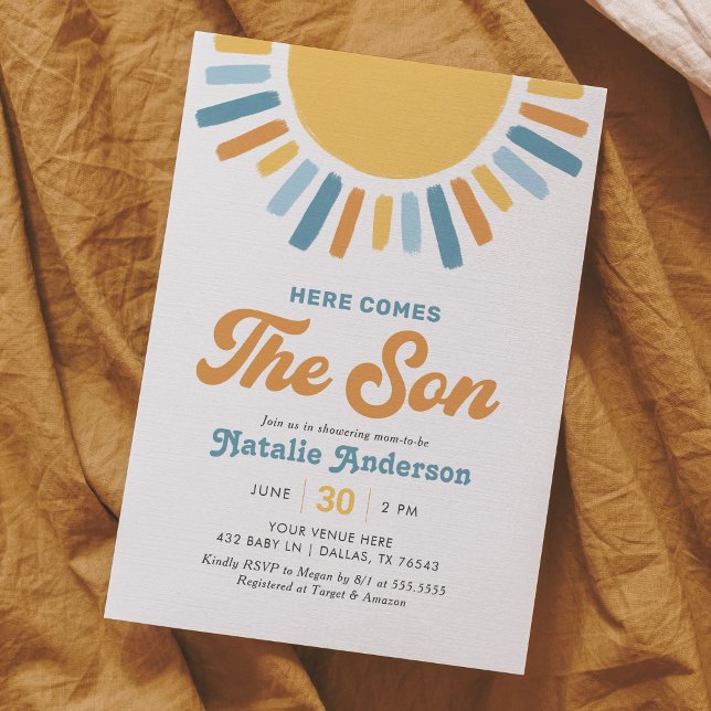 Here Comes the Son Retro Sunshine Baby Shower Invitation (Creator Uploaded)