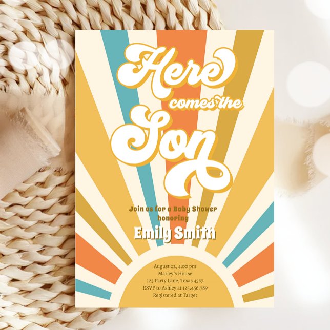 Here Comes The Son Retro Sunshine Boy Baby Shower Invitation (Creator Uploaded)