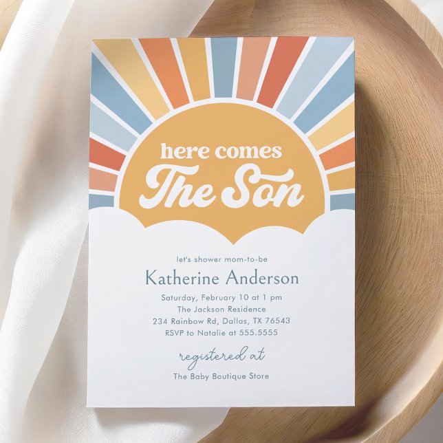 Here Comes the Son Retro Sunshine Boy Baby Shower Invitation (Creator Uploaded)
