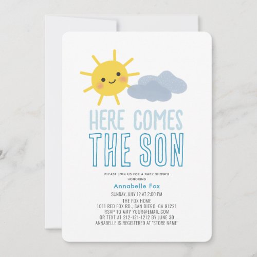 Here Comes the Son Smiling Sun Boy Baby Shower Invitation