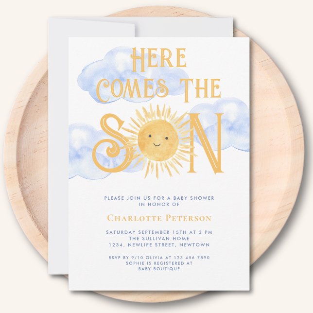 Here Comes The Son Sun Clouds Baby Shower Invitation (Creator Uploaded)