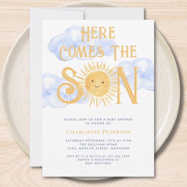 Here Comes The Son Sun Clouds Baby Shower Invitation (Creator Uploaded)