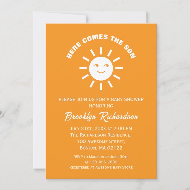 Here Comes The Son Sun Orange White Baby Shower Invitation (Front)