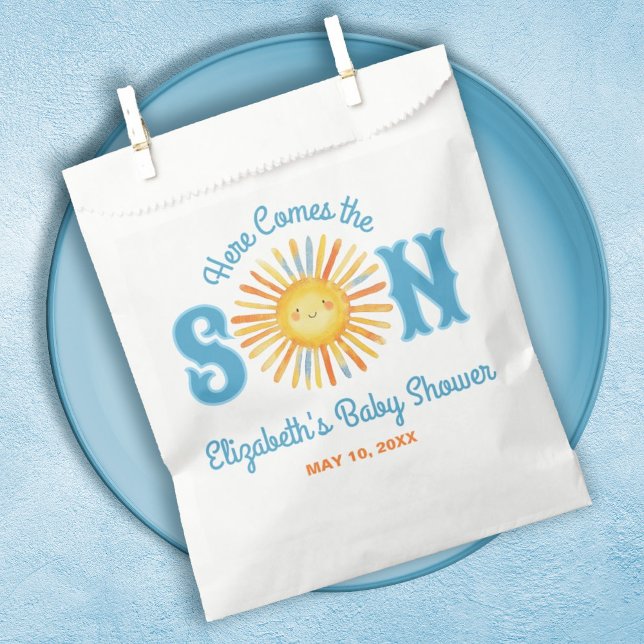 Here Comes the Son Sunshine Baby Shower Favor Bag (A cute Here Comes the Son Baby shower favor bag. So cute for a boy baby shower.)