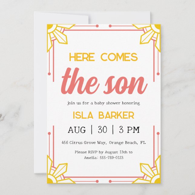 Here comes the son sunshine baby shower invitation (Front)
