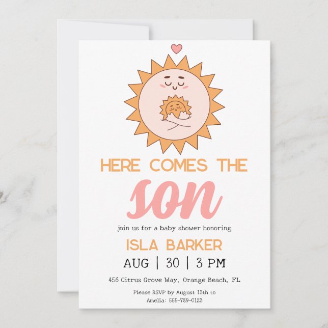 Here comes the son sunshine baby shower invitation (Front)