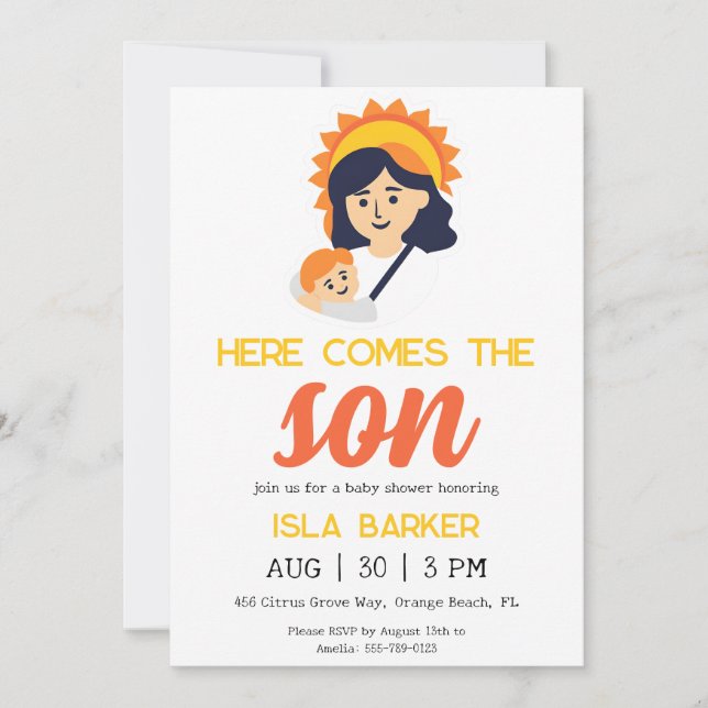 Here comes the son sunshine baby shower invitation (Front)