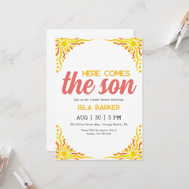 Here comes the son sunshine baby shower invitation (Front/Back In Situ)